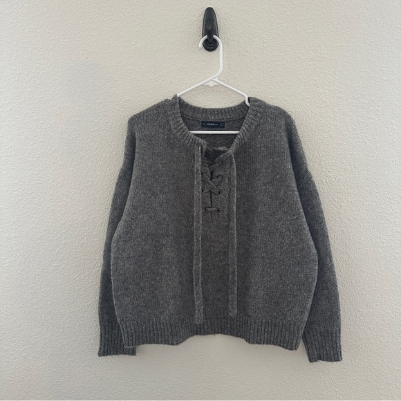 Zara Gray Lace-Up Sweater - Grunge Cozy Streetwear Minimalist - M - Picture 1 of 9